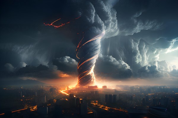 3d render abstract particles converging into a tornado to represent severe weather phenomena over a city, AI generated