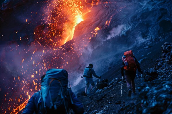 Tourists, hiking group, expedition, onlookers on the way to an active volcano, surrounded by hot, partially cooled lava flows, symbolic image for volcano tourism, disaster tourism, travel trends and the associated dangers, AI generated, AI generated, AI generated