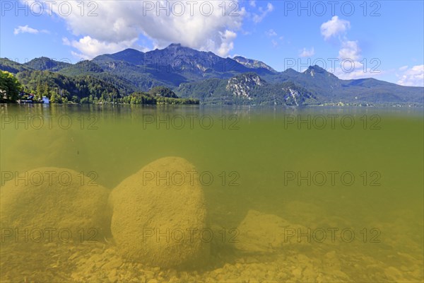 Underwater shot of lake in front of mountains, summer, sun, Lake Kochel, view of Herzogstand and Heimgarten, Bavaria, Germany, Europe