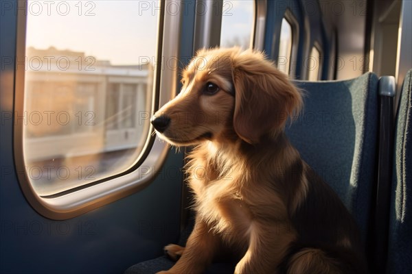 Young dog travelling in train. KI generiert, generiert, AI generated