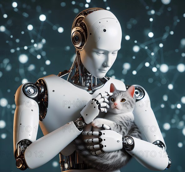 A humanoid robot holds a cat in its arms and strokes it, symbolic image cybernetics, emotion, animal love AI generated, AI generated