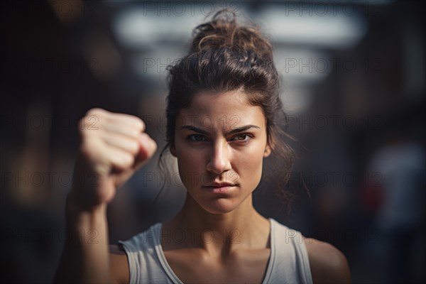 Young woman with raised fists. Feminism concept. KI generiert, generiert, AI generated