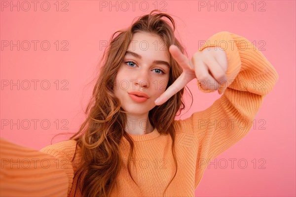 Young teenage girl taking selfie in front of pink studio background. KI generiert, generiert, AI generated