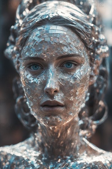 A female's face with an intense gaze, overlaid with reflective silver patches in an abstract design, ray tracing 3d render, AI generated