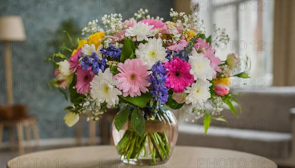 A large bouquet of colourful spring flowers in a vase stands on the table, spring, AI generated, AI generated
