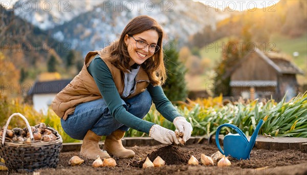 Smiling woman planting flower bulbs in an idyllic garden with mountain view in autumn, KI generated, AI generated