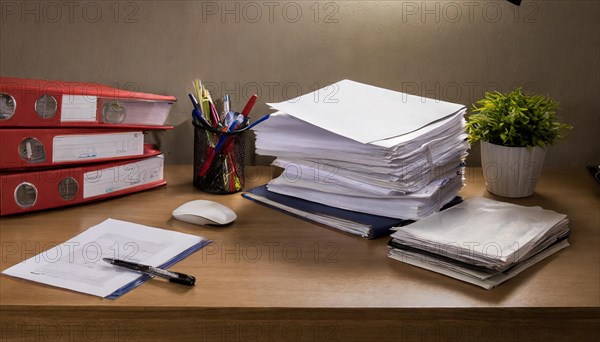 Desk with stacks of papers and red folders under yellow light, symbolism bureaucracy, AI generated, AI generated