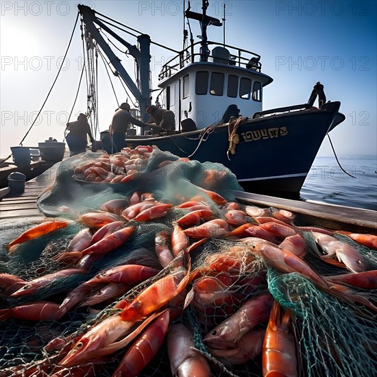 Commercial fishing net cascading onto the dock overflowing with caught shrimp fish and incidentally bycatch, AI generated, deep sea, fish, squid, bioluminescent, glowing, light, water, ocean