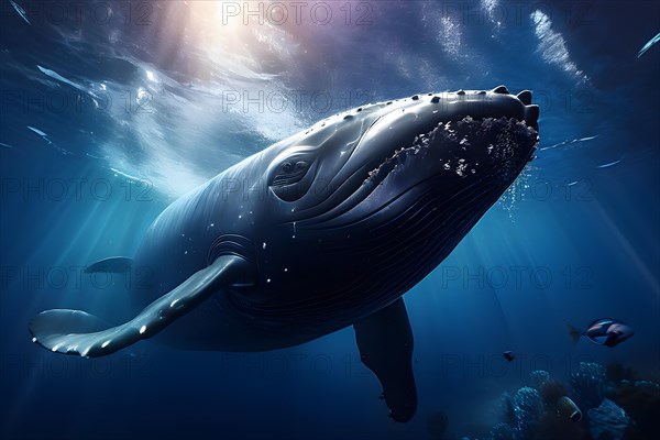 Sperm whale dives into the abyss, AI generated, deep sea, fish, squid, bioluminescent, glowing, light, water, ocean