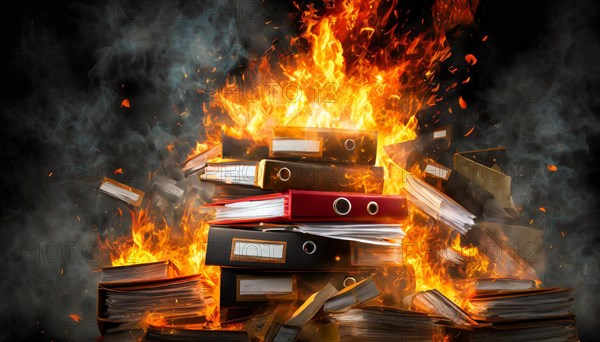Burning folders with rising smoke on a dark background, symbol bureaucracy, AI generated, AI generated