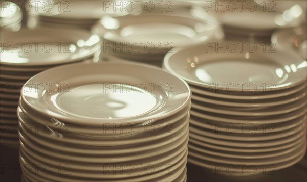 Multiple stacks of white plates under warm lighting, giving a clean and organized impression AI generated
