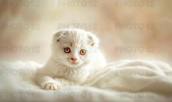A white kitten with an inquisitive look sits on a soft beige surface AI generated