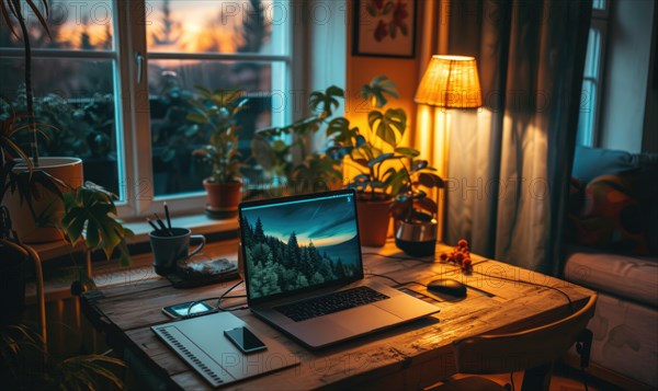 Working at home with a laptop and a smartphone on a wooden table AI generated