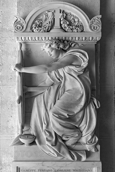 Sculpture of a woman with a ship's steering wheel, Monumental Cemetery, Cimitero monumentale di Staglieno), Genoa, Italy, Europe