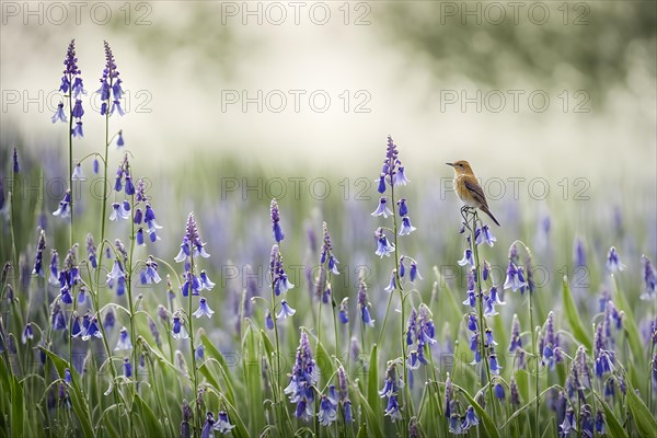 Early morning dew clinging to a field of bluebells and a sitting song bird, AI generated