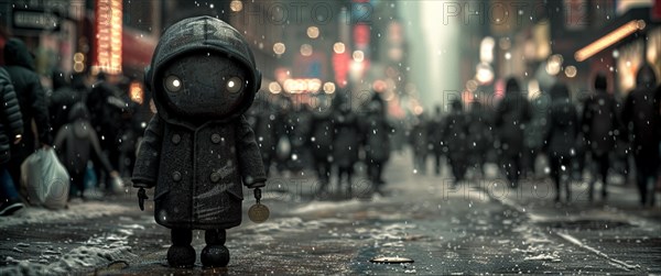 Character in a coat standing alone at night in the rain on a city street, AI generated