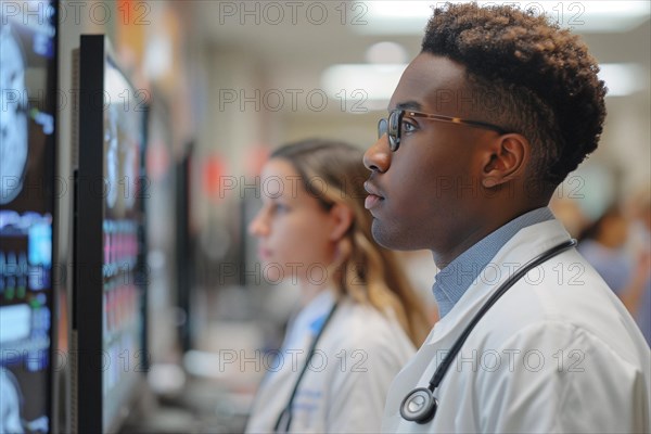 Two healthcare professionals, a man and a woman, intently monitoring medical data on screens, AI generated