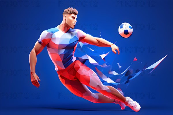 Abstract digital render of a male soccer athlete morphing into fluid shapes, AI generated