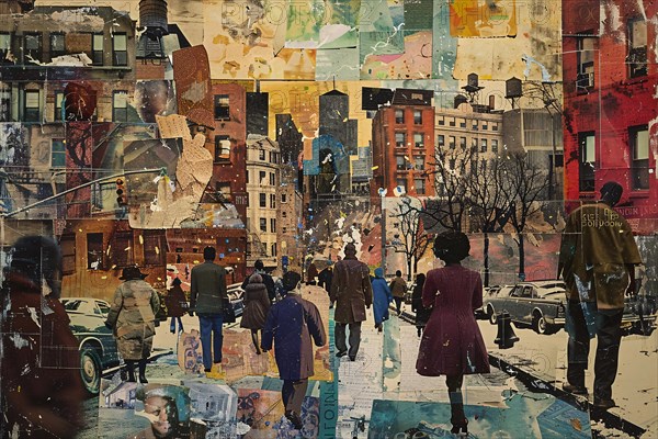 Abstract collage depicting urban life with pedestrians in a wintery city setting, illustration, AI generated