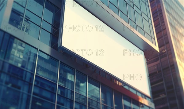 Blank screen banner mockup displayed on the modern building facade. Close Up view AI generated