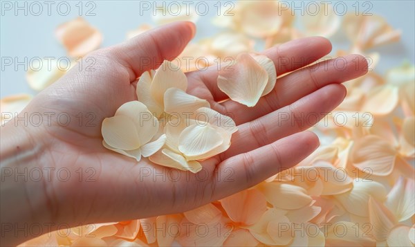 Close-up of a woman's hand with a neutral manicure, adorned with delicate flower petals AI generated