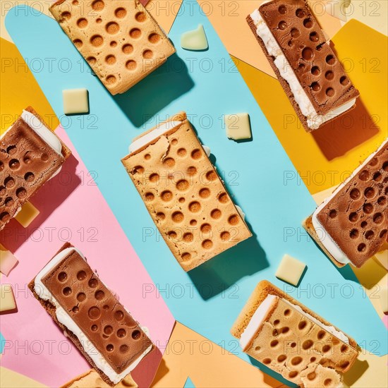 Flat lay pattern ice cream sandwiches and ice cream bars on a colorful background AI generated