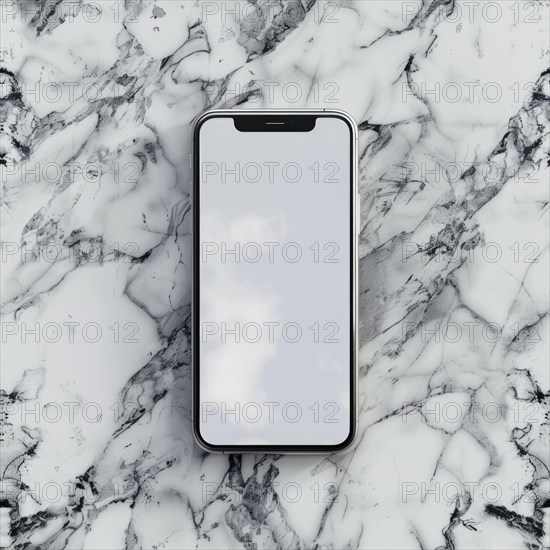 Smartphone mockup with a blank screen on a sleek marble background AI generated