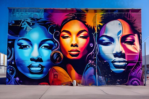 Urban wall mural diverse faces symbols of peace and equality with vibrant eye catching colors, AI generated