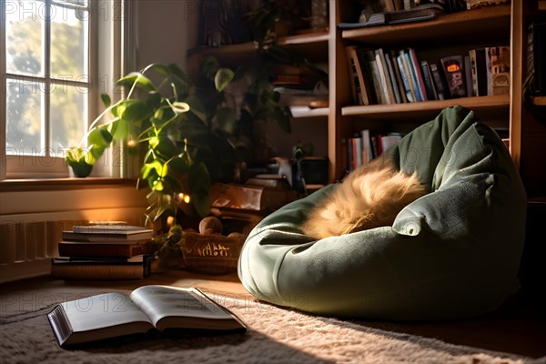 Bean bag chair nestled in a cozy reading corner, AI generated