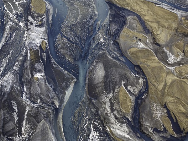 Overgrown river landscape, Eldhraun, near Kirkjubaejarklaustur, drone image, Sudurland, Iceland, Europe