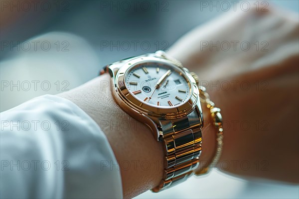 Close-up of a luxurious gold watch on someone's wrist, AI generated