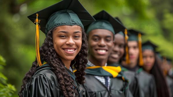 Smiling girl in green cap and gown with tassel, outdoors at a graduation ceremony, blurry background with bokeh effect, AI generated