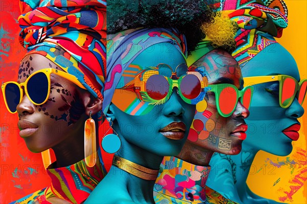 Colorful artistic portrait of African women in vibrant headscarves and sunglasses, illustration, AI generated