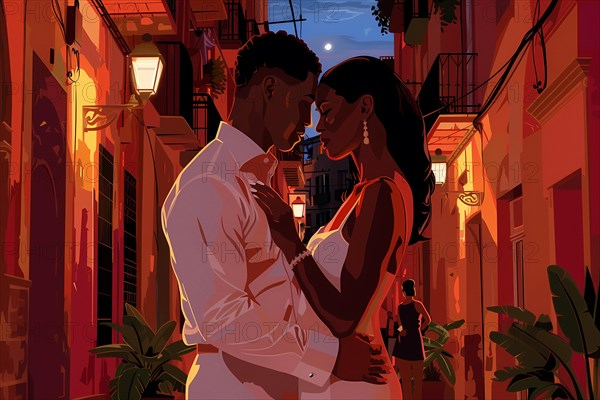 An illustrated romantic scene with a couple dancing in a street at evening, illustration, AI generated