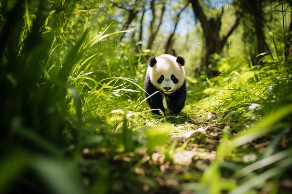 Cute panda cub in a lush bamboo grove, The image showcases the beauty and serenity of nature and wildlife. Endangered species, AI generated