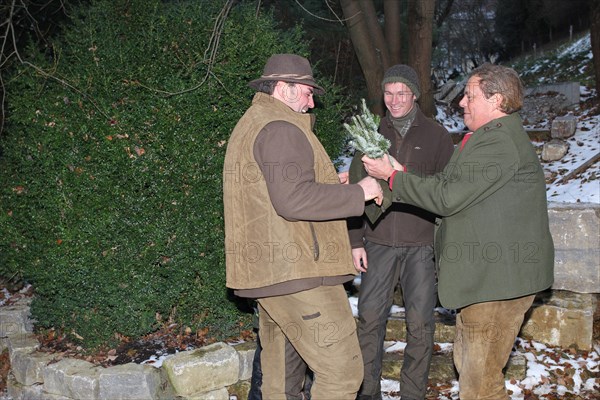 Wild boar (Sus scrofa) end of the hunt, huntsman presents the king with 7 sows, tradition, Allgaeu, Bavaria, Germany, Europe