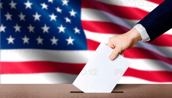 Hand holding ballot in voting ballot box with USA flag in background. USA presidential elections concept