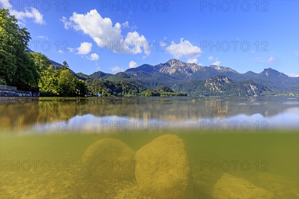 Underwater shot of lake in front of mountains, summer, sun, Lake Kochel, view of Herzogstand and Heimgarten, Bavaria, Germany, Europe