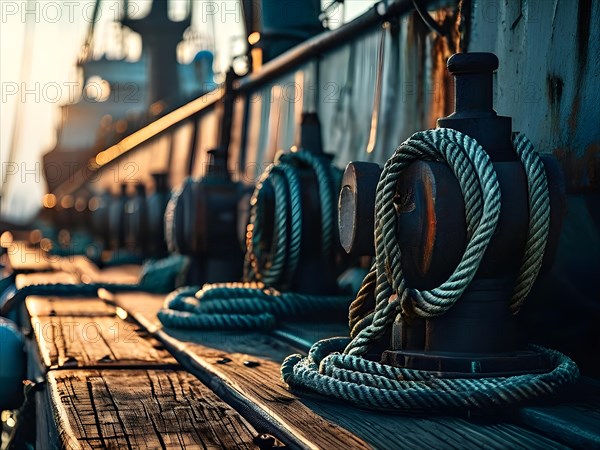 Ropes and bollards securing a ship at the dock at morning, AI generated