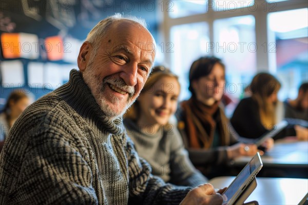 A man of advanced age, senior citizen, sitting with a digital tablet in a course room, training room, symbol image, digital teaching, learning environment, adult education centre, course, training course, learning in old age, media skills in old age, eLearning, media education, AI generated, AI generated, AI generated