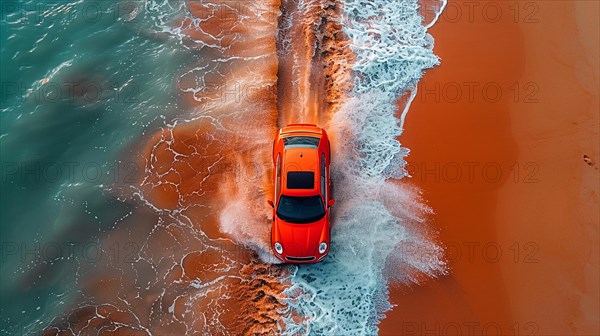 An orange car driving by the seaside, cutting through the foam of the ocean waves, action sports photography, AI generated