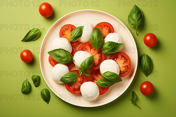 Top view of plate with mozarella cheese, basil and tomatoes. KI generiert, generiert, AI generated