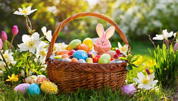 Colourful Easter basket full of eggs and a chocolate bunny surrounded by spring flowers, Easter symbol, AI generated, AI generated