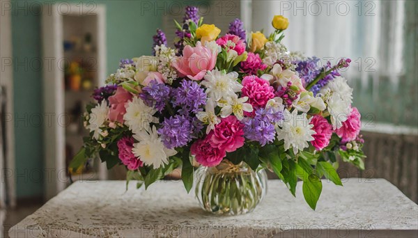A large bouquet of colourful spring flowers in a vase stands on the table, spring, AI generated, AI generated