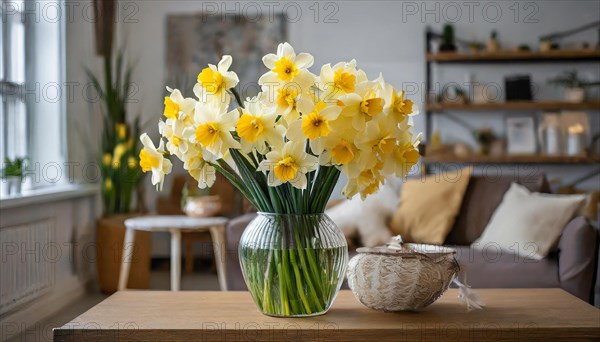 A large bouquet of yellow daffodils in a vase stands on the table in the flat, AI generated, AI generated