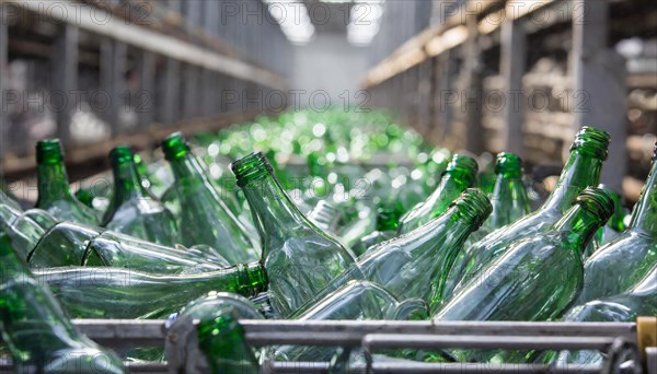 Empty glass bottles, in a recycling plant, AI generated, AI generated