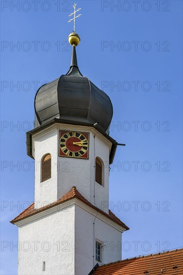Onion church tower with clock, St. Leonhard branch church, Boerwang, Allgaeu, Swabia, Bavaria, Germany, Europe