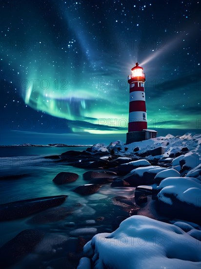 Lighthouse standing on a snow covered coast with aurora borealis dancing in the night sky, AI generated