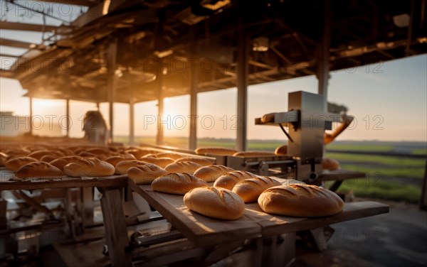 Bread production on a conveyor belt, revenue from organic bread at the factory, AI generated