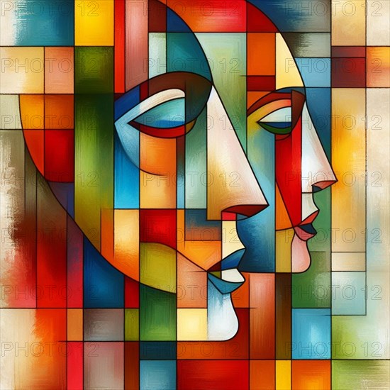 Side profiles of abstract faces within geometric colorful stained glass patterns in digital art, square aspect, AI generated
